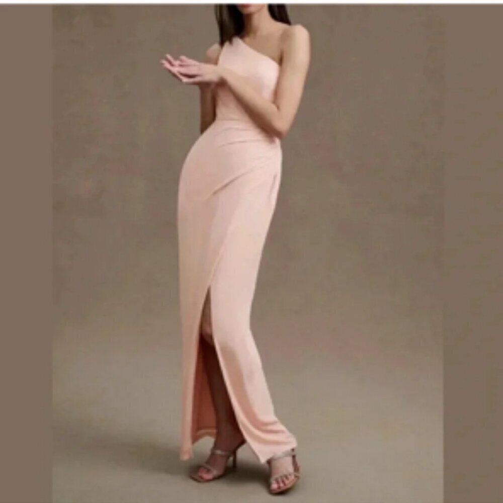 BHLDN Chloe One-Shoulder Side-Slit Georgette Bridesmaid Gown Rose NWT 10